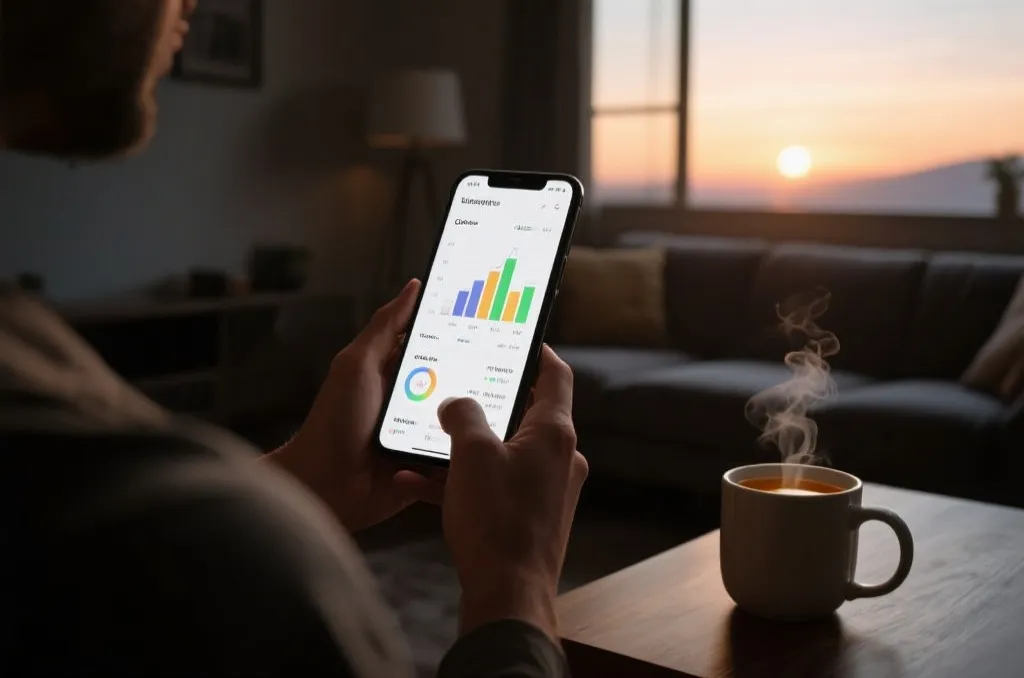 A cozy, dimly lit living room at dawn, a person holding a modern smartphone showing a clean interface with generic sports data charts, a steaming mug of tea nearby, peaceful atmosphere